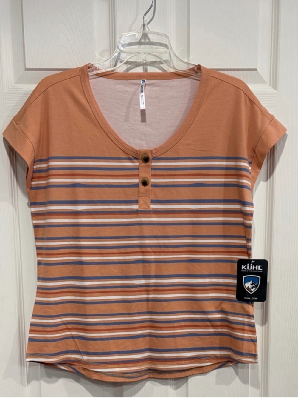 Kuhl Women's Small Solstice Short Sleeve Top Striped Red Coral Cotton Blend NWT